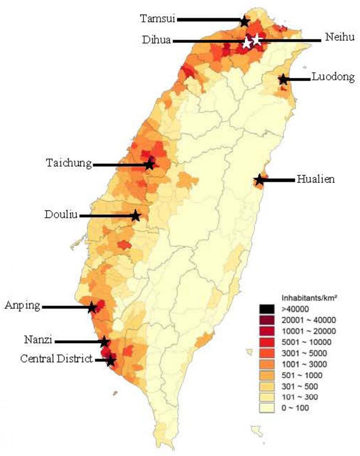 台湾人口地図-台湾の人口密度マップ（東アジア-アジア）